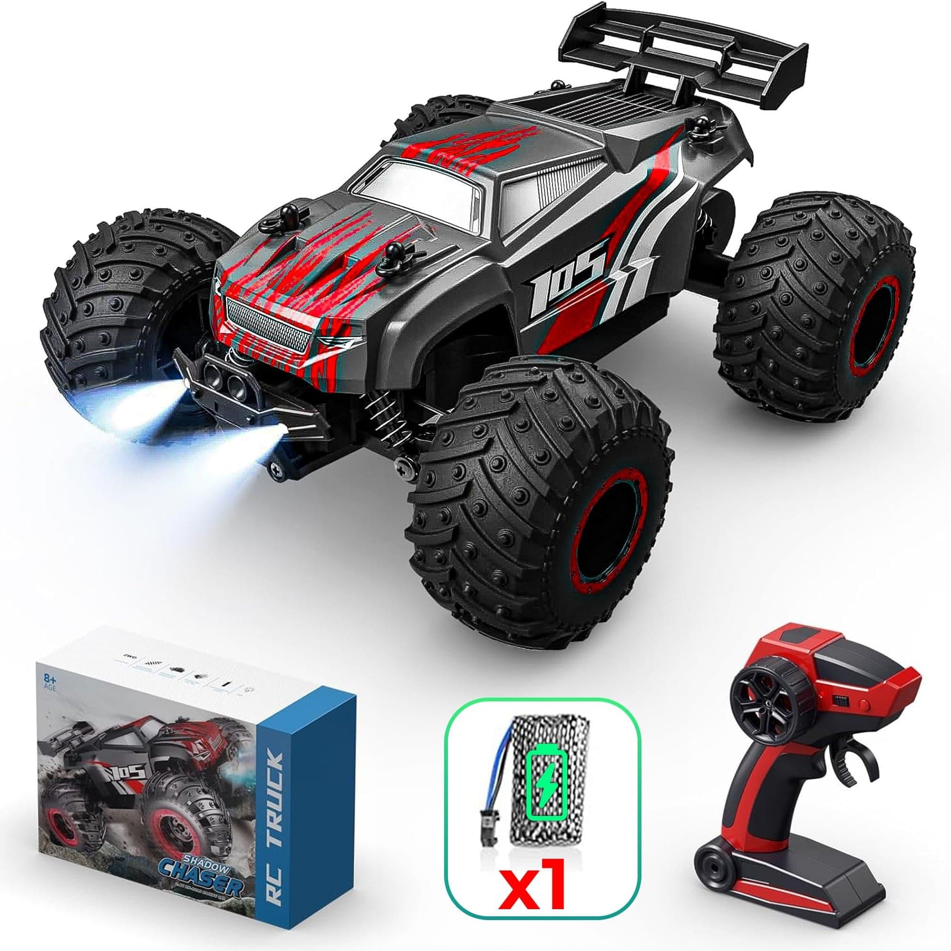 Masina cu telecomanda RC Off-Road Monster Truck, Timebox, 20 km/h, 4WD, Lumini LED, Carcasa Iluminata, 1 baterie tip acumulator inclusa, Pentru curse, copii, Negru/Rosu - 221.ro