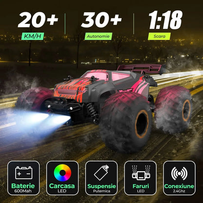 Masina cu telecomanda RC Off-Road Monster Truck, Timebox, 20 km/h, 4WD, Lumini LED, Carcasa Iluminata, 1 baterie tip acumulator inclusa, Pentru curse, copii, Negru/Rosu - 221.ro