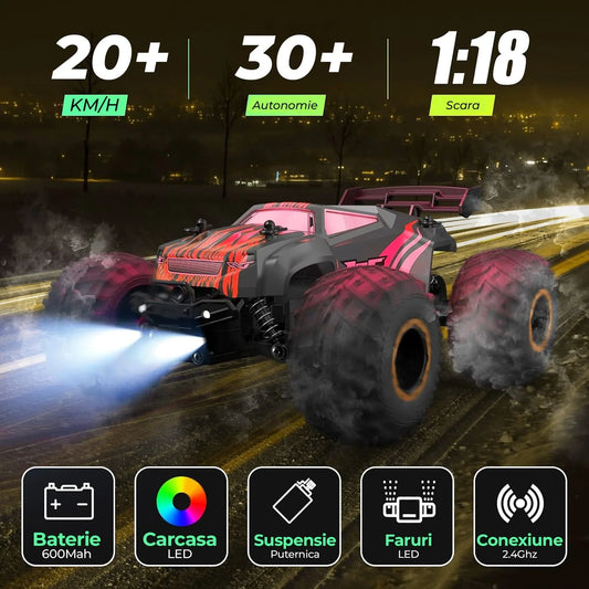 Masina cu telecomanda RC Off-Road Monster Truck, Timebox, 20 km/h, 4WD, Lumini LED, Carcasa Iluminata, 1 baterie tip acumulator inclusa, Pentru curse, copii, Negru/Rosu - 221.ro