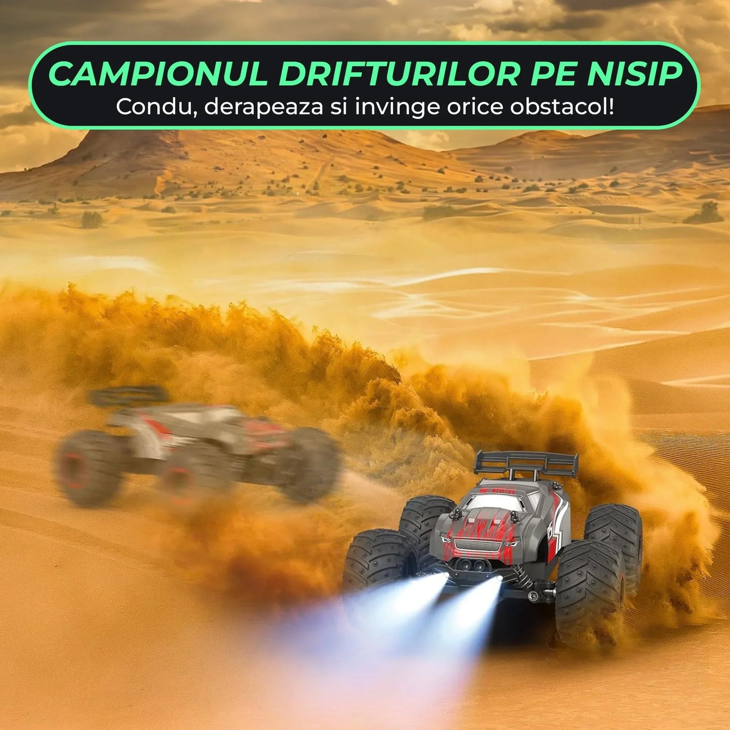 Masina cu telecomanda RC Off-Road Monster Truck, Timebox, 20 km/h, 4WD, Lumini LED, Carcasa Iluminata, 1 baterie tip acumulator inclusa, Pentru curse, copii, Negru/Rosu - 221.ro