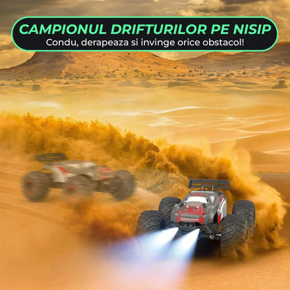 Masina cu telecomanda RC Off-Road Monster Truck, Timebox, 20 km/h, 4WD, Lumini LED, Carcasa Iluminata, 1 baterie tip acumulator inclusa, Pentru curse, copii, Negru/Rosu - 221.ro