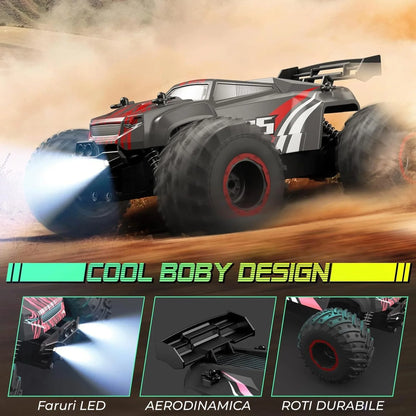 Masina cu telecomanda RC Off-Road Monster Truck, Timebox, 20 km/h, 4WD, Lumini LED, Carcasa Iluminata, 1 baterie tip acumulator inclusa, Pentru curse, copii, Negru/Rosu - 221.ro