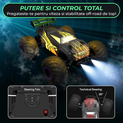 Masina cu telecomanda RC Off-Road Monster Truck, Timebox, 20 km/h, 4WD, Lumini LED, Carcasa Iluminata, 1 baterie tip acumulator inclusa, Pentru curse, copii, Negru/Rosu - 221.ro