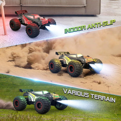 Masina cu telecomanda RC Off-Road Monster Truck, Timebox, 20 km/h, 4WD, Lumini LED, Carcasa Iluminata, 1 baterie tip acumulator inclusa, Pentru curse, copii, Negru/Rosu - 221.ro