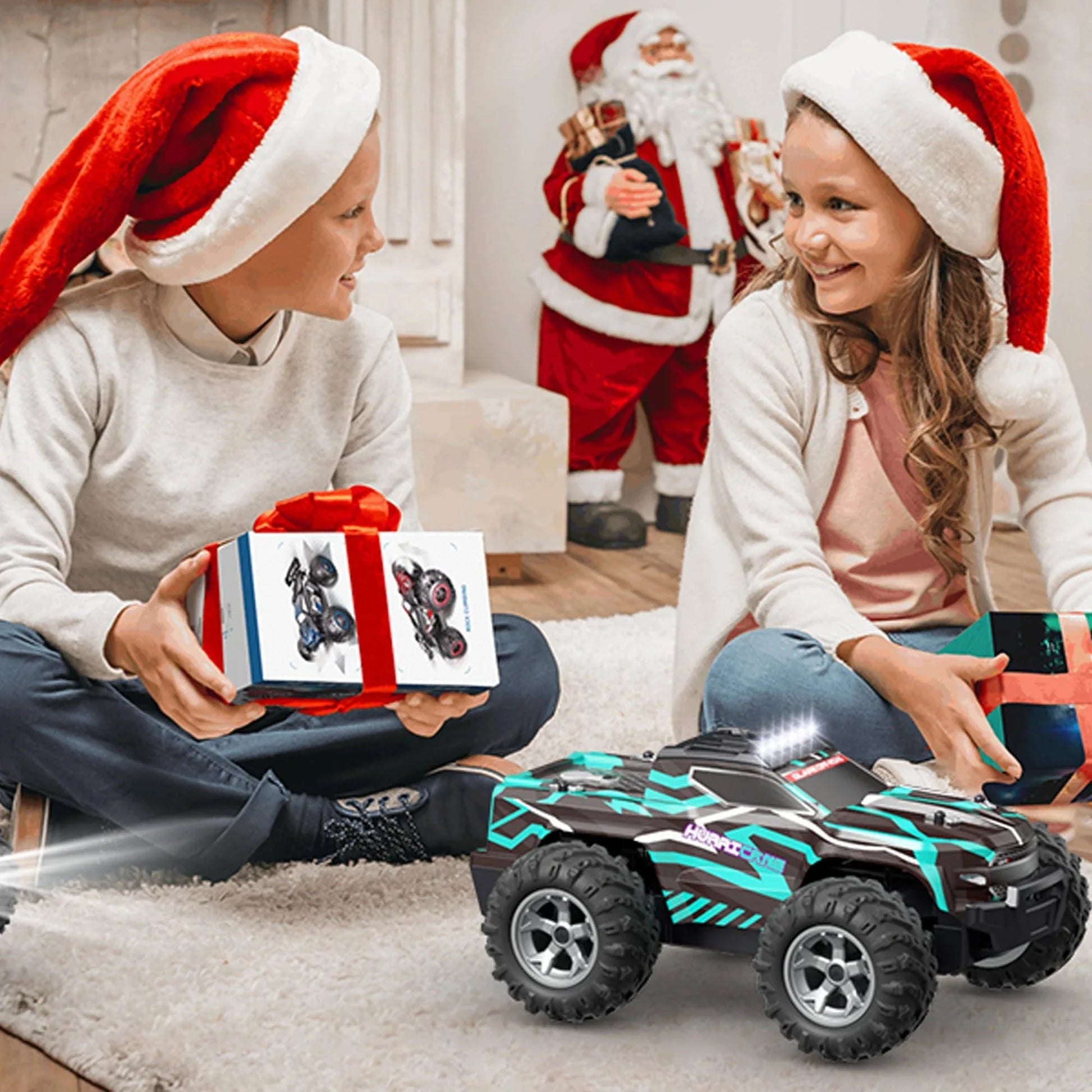 Masina cu telecomanda RC Off-Road Monster Truck, Timebox, 20 km/h, 4WD, Lumini LED, Carcasa Iluminata, 1 baterie tip acumulator inclusa, Pentru curse, copii, Negru/Rosu - 221.ro