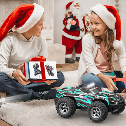 Masina cu telecomanda RC Off-Road Monster Truck, Timebox, 20 km/h, 4WD, Lumini LED, Carcasa Iluminata, 1 baterie tip acumulator inclusa, Pentru curse, copii, Negru/Rosu - 221.ro