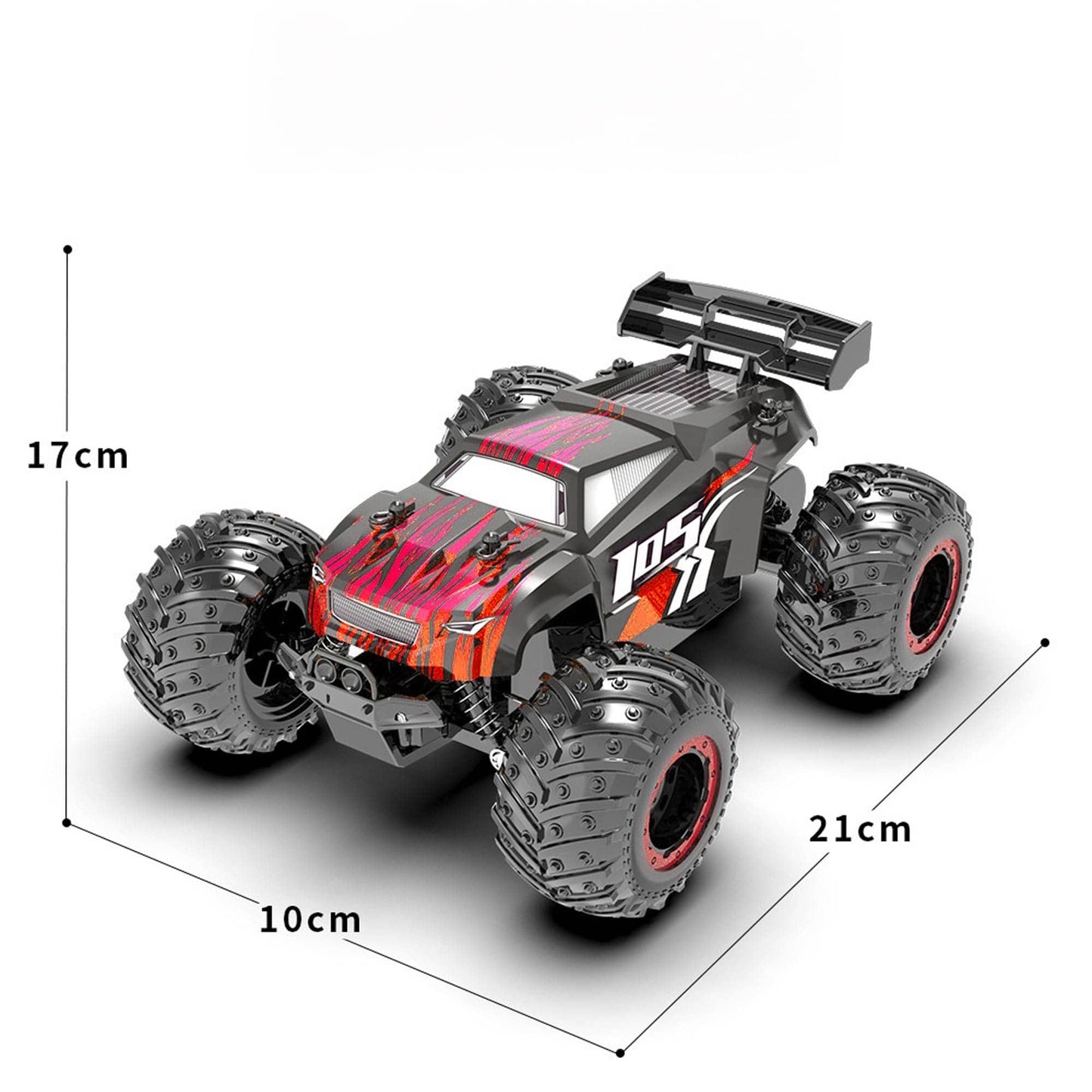 Masina cu telecomanda RC Off-Road Monster Truck, Timebox, 20 km/h, 4WD, Lumini LED, Carcasa Iluminata, 1 baterie tip acumulator inclusa, Pentru curse, copii, Negru/Rosu - 221.ro