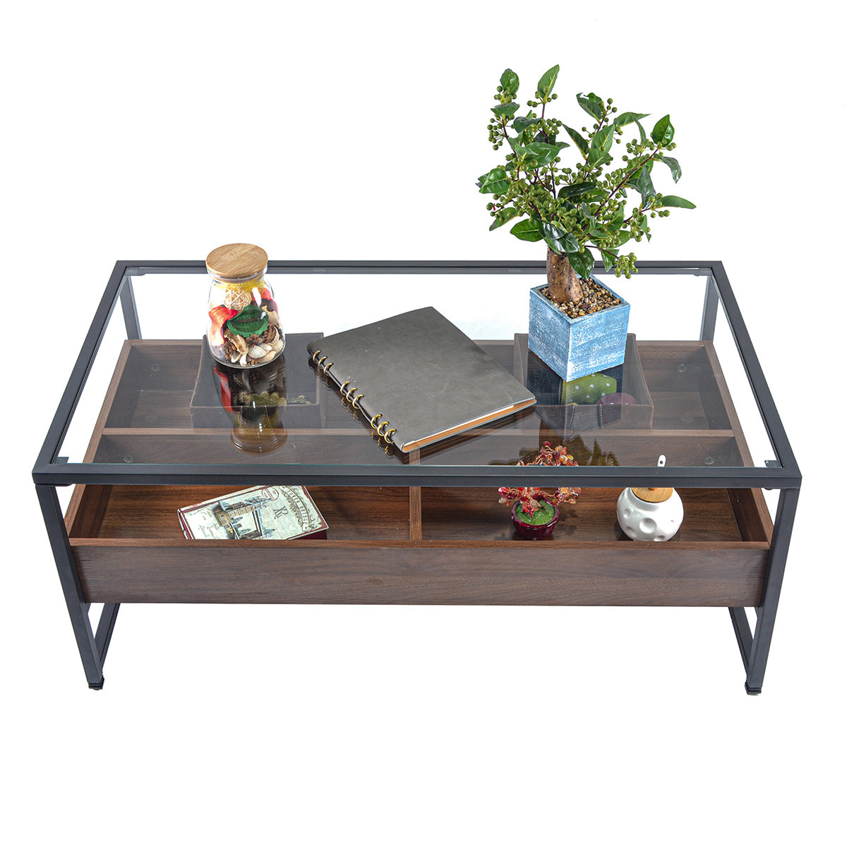 Masuta de cafea, blat din sticla, 4 compartimente, Naimeed N-175, Stejar Inchis, 100x55x42cm