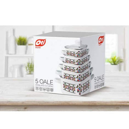 Set 5 oale emailate si capace din sticla OTI, diametre 16/18/20/22/24 / OTI 0017