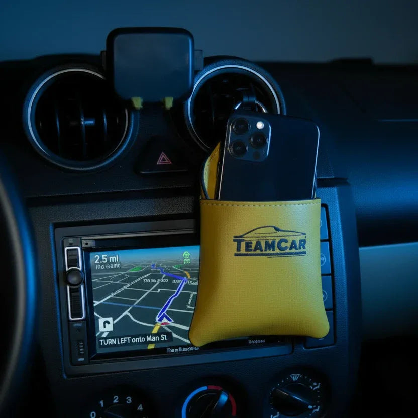 Organizator Auto Multifuncțional din Piele Galben TeamCar – Buzunar Depozitare Grilă Ventilație