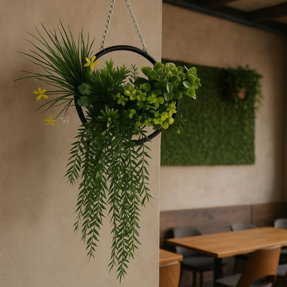 Aranjament Suspendat cu Plante Artificiale pe Disc Decorativ Auriu, Naimeed D7454, diametru 60 cm