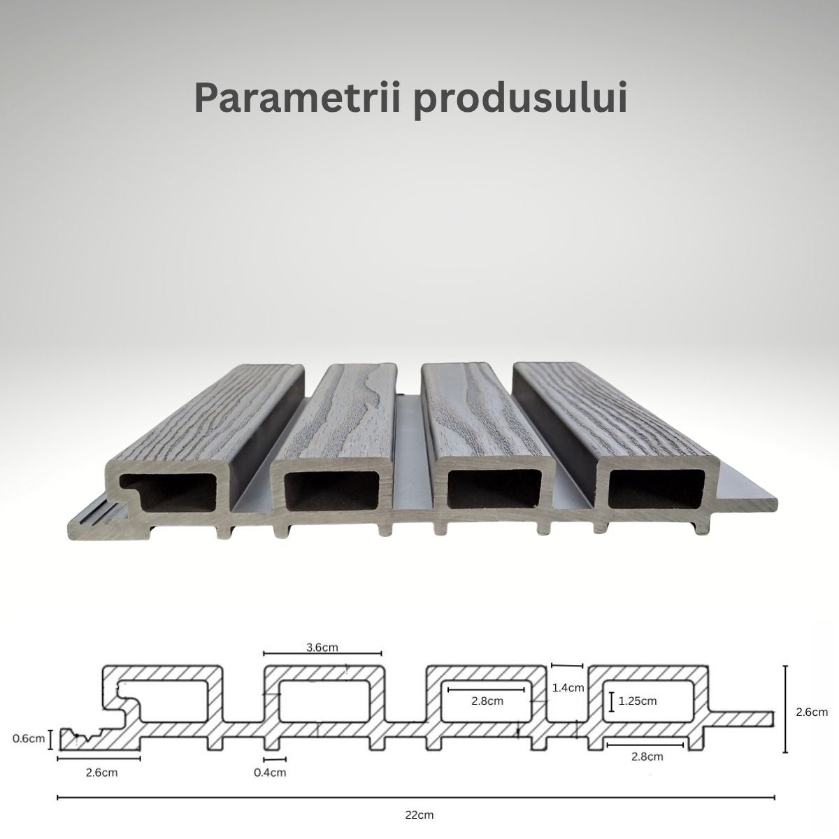 Lambriu decorativ WPC, reliefat, pentru exterior, montaj rapid, rezistenta ridicata, Naimeed D7491, 280x22x2.6cm, Stejar gri