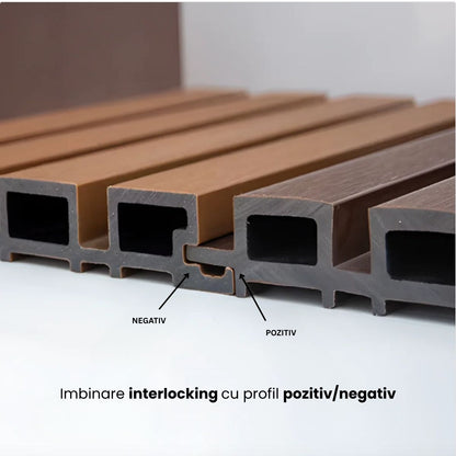 Lambriu decorativ riflaj WPC, pentru exterior, montaj rapid, rezistenta ridicata, Naimeed D7498, 280x14.8x2.1cm, Tec