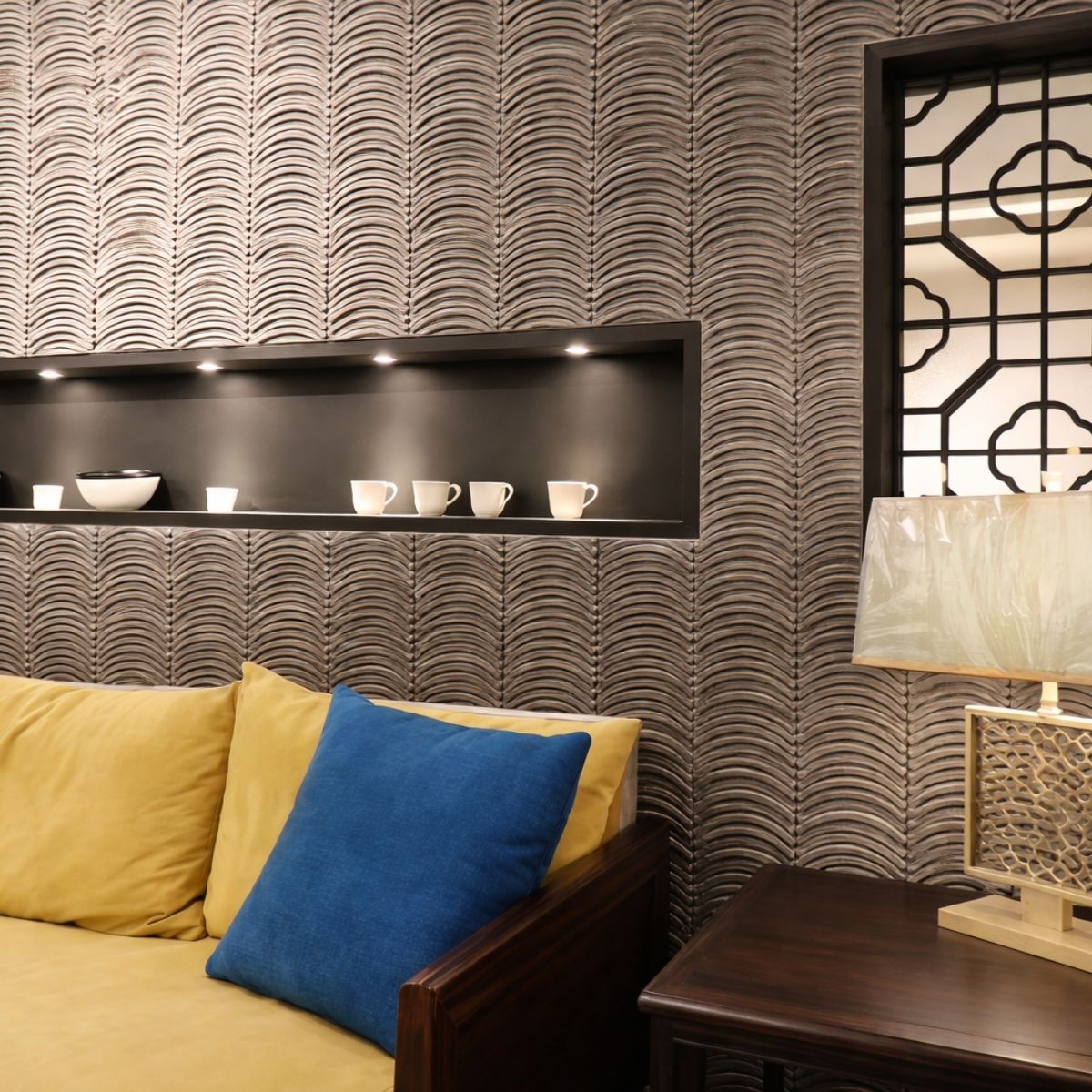 Panou decorativ 3D, efect piatră ondulata, ultraușor, Naimeed D7568, pentru interior și exterior, 123x37x3.5cm, Bej