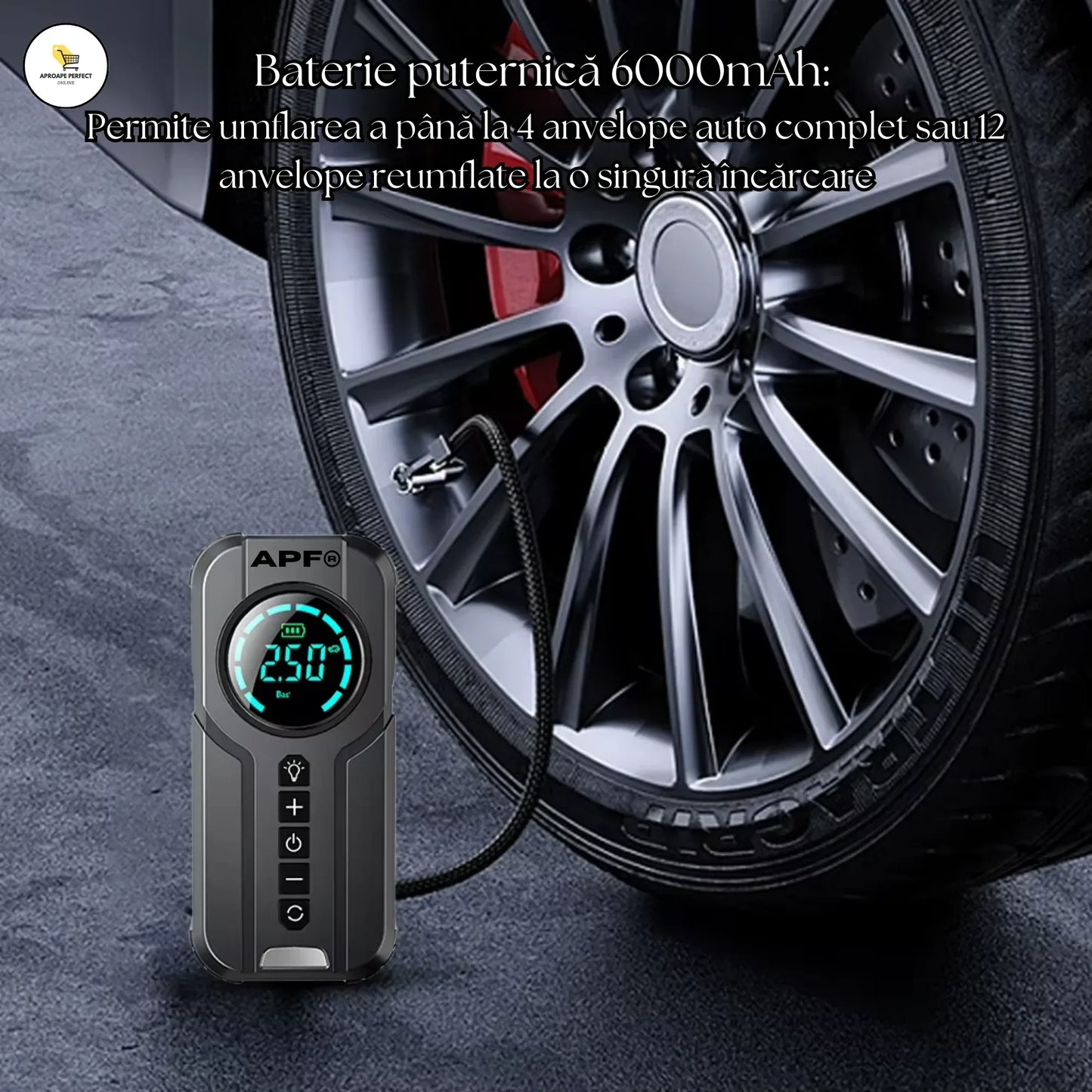 Starter/Compresor Auto Portabil APF® 150PSI, Baterie 6000mAh, Afișaj Digital LED, Lumini SOS, Fără Fir, USB-C