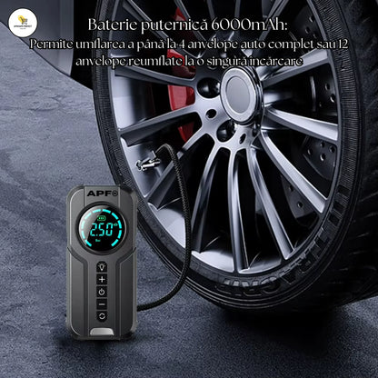 Starter/Compresor Auto Portabil APF® 150PSI, Baterie 6000mAh, Afișaj Digital LED, Lumini SOS, Fără Fir, USB-C