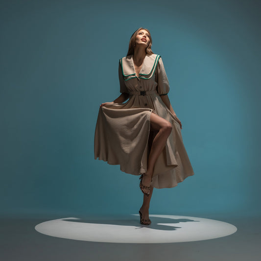 Rochie camasa din in crem si insertii din matase verde Gilly