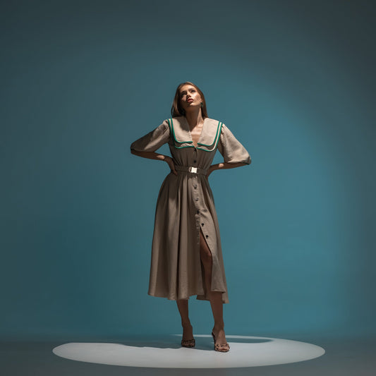 Rochie camasa din in crem si insertii din matase verde Gilly