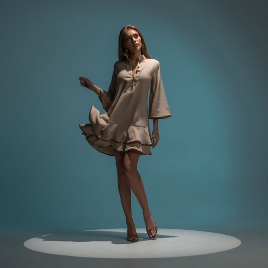 Rochie scurta babydoll din in cu volane si insertii animal print Ruth