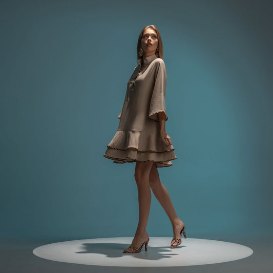 Rochie scurta babydoll din in cu volane si insertii animal print Ruth