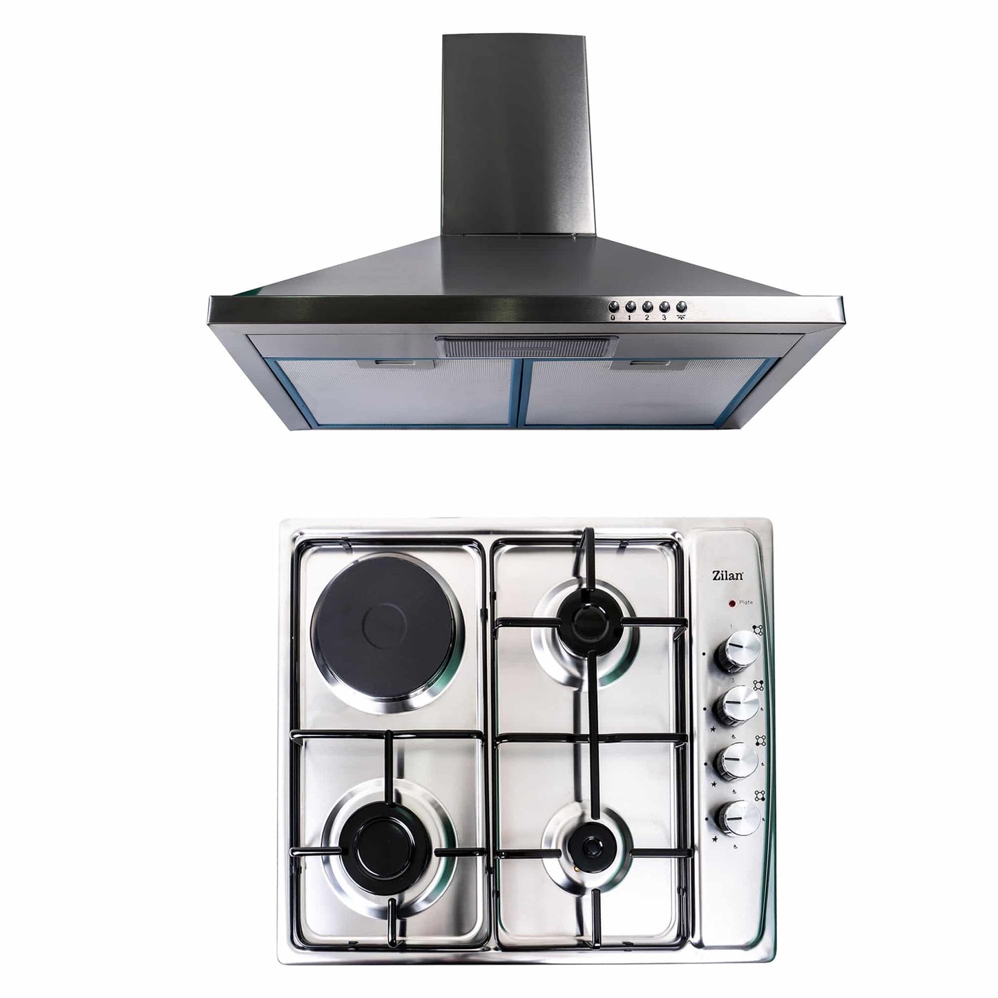 Pachet plita incorporabila (1918), 60x50x6 cm, gaz butelie sau gaz natural (duze de schimb incluse), hota incorporabila decorativa inox, 63 cm (1925) / SET 30039