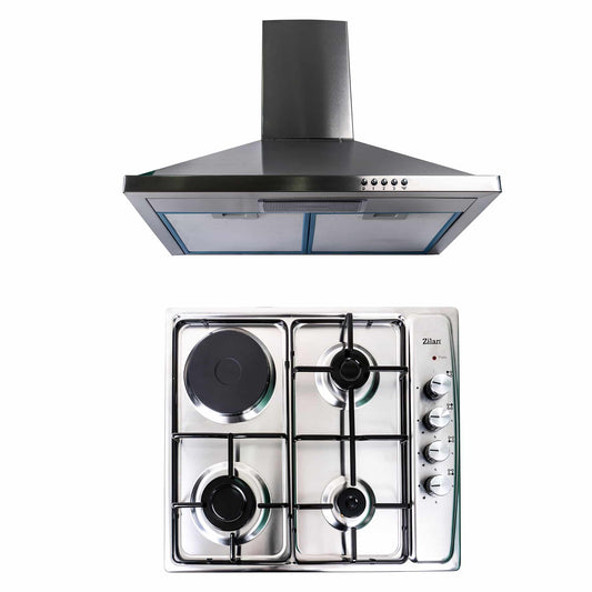 Pachet plita incorporabila (1918), 60x50x6 cm, gaz butelie sau gaz natural (duze de schimb incluse), hota incorporabila decorativa inox, 63 cm (1925) / SET 30039