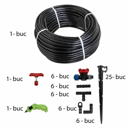 Set irigare + furtun picurare, 16mm, distanta intre picuratori 50 cm 4l/h rola 100m  / SET 30055