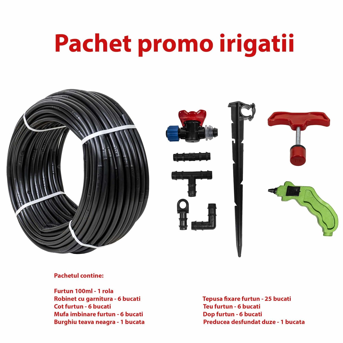 Set irigare + furtun picurare, 16mm, distanta intre picuratori 25 cm 4l/h rola 100m  / SET 30052