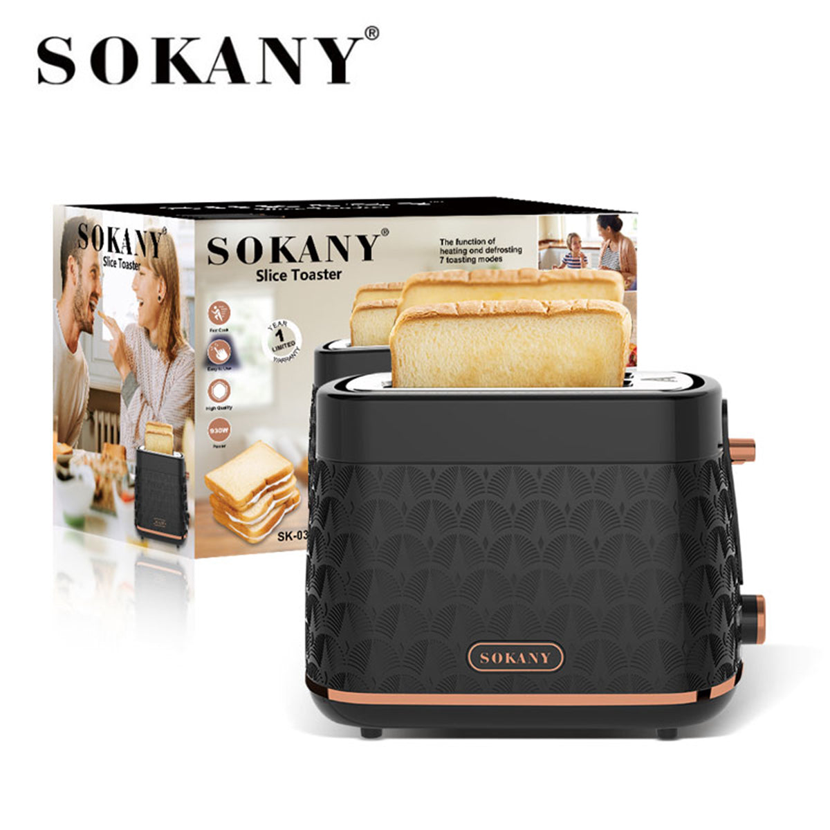 Prajitor de paine Sokany SK-033, 930W, 2 felii, Grad de rumenire ajustabil, Functie dezghetare, Negru
