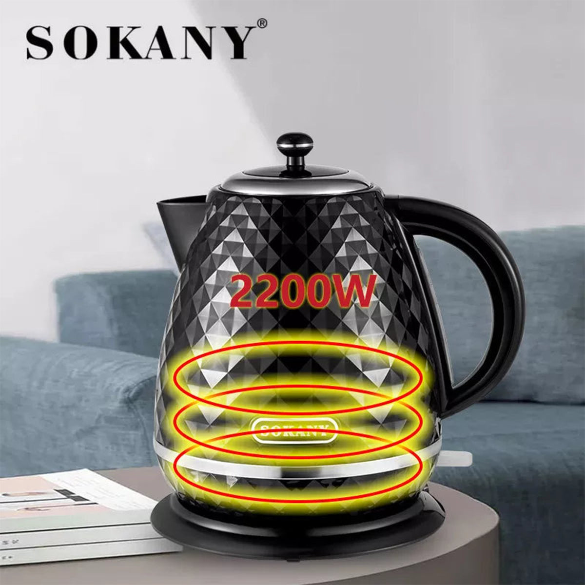Fierbator apa, Sokany SK-1032, 2200W, capacitate 1.7L, control temperatura, indicator luminos,  Negru