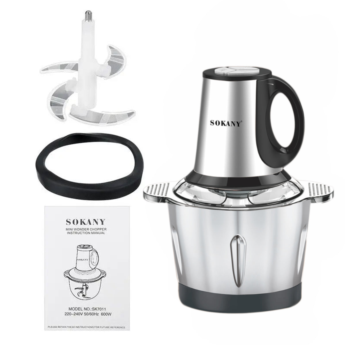 Tocator electric Sokany SK-7011, 4 lame din otel inoxidabil de inalta calitate, 500 W, 3L, recipient din Inox, Negru