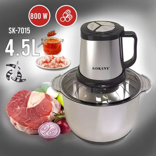 Tocator electric Sokany SK-7015, 4 lame din otel inoxidabil de inalta calitate, 800 W, 4.5L, recipient din Inox, Negru/Inox