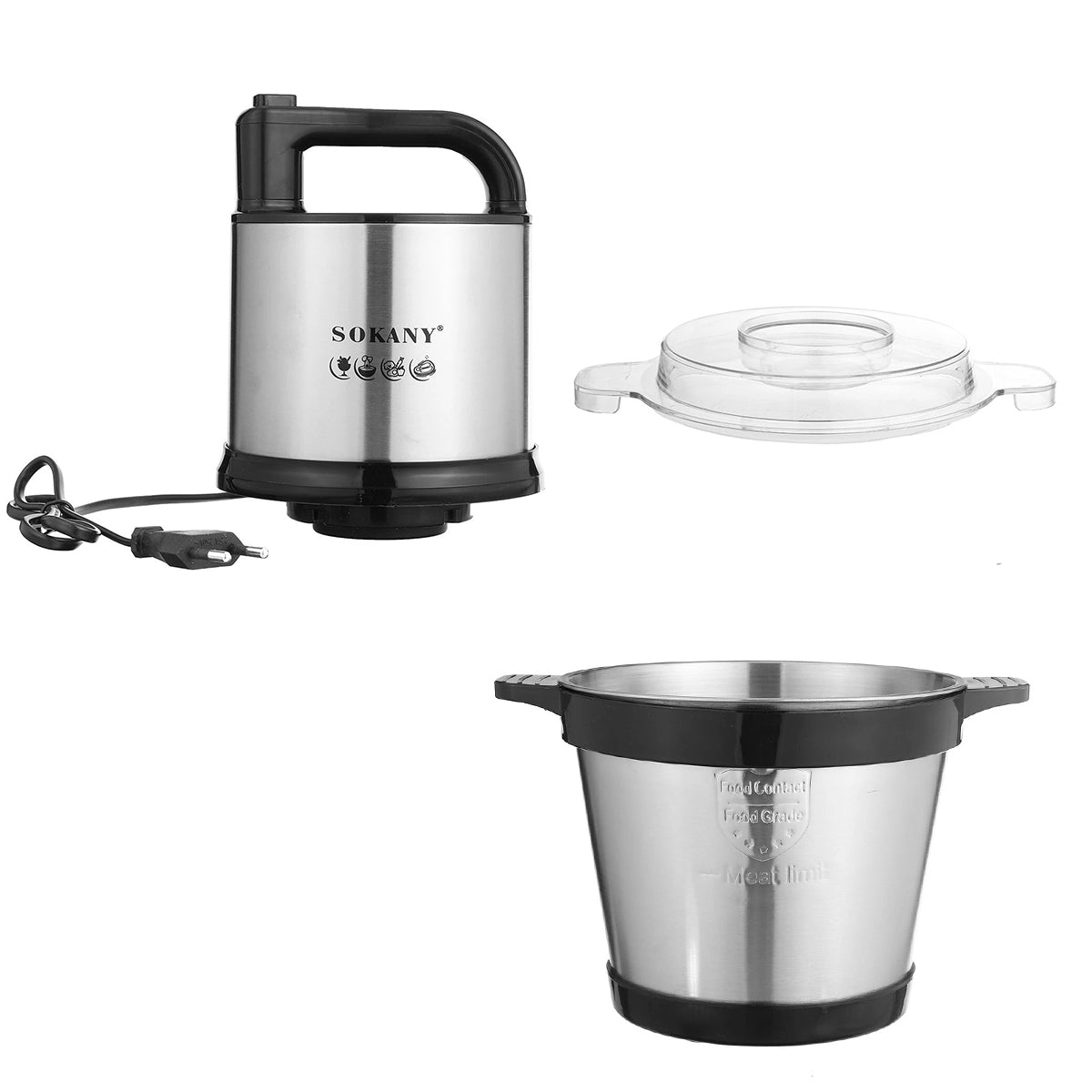 Tocator electric Sokany SK-7028, 4 lame din otel inoxidabil de inalta calitate, 800 W, 4L, recipient din Inox, Negru/Inox