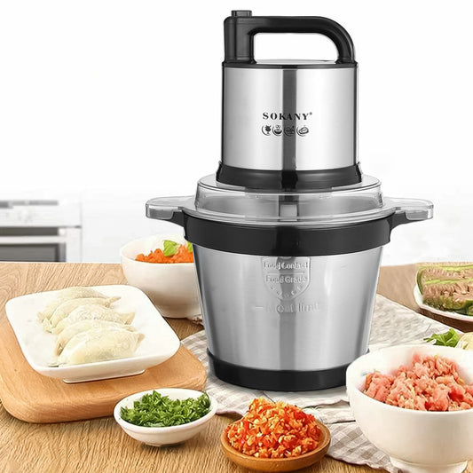 Tocator electric Sokany SK-7028, 4 lame din otel inoxidabil de inalta calitate, 800 W, 4L, recipient din Inox, Negru/Inox