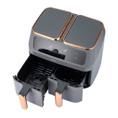 Friteuza fara ulei, Sokany SK-8030, 2 sertare de gatit, 2800W, 8L, Control Temperatura, Gri/Auriu