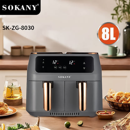 Friteuza fara ulei, Sokany SK-8030, 2 sertare de gatit, 2800W, 8L, Control Temperatura, Gri/Auriu
