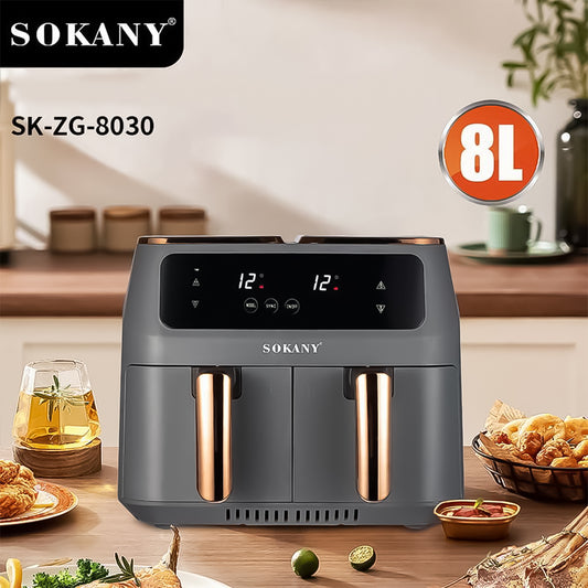 Friteuza fara ulei, Sokany SK-8030, 2 sertare de gatit, 2800W, 8L, Control Temperatura, Gri/Auriu