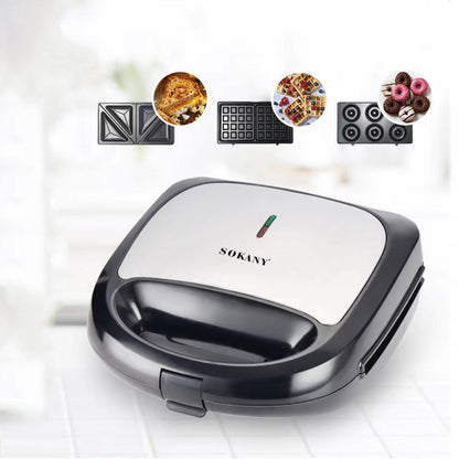 Sandwich maker 3 in 1 Sokany SK-902, 750 W, 3 placi detasabile anti-aderente, Negru/Inox