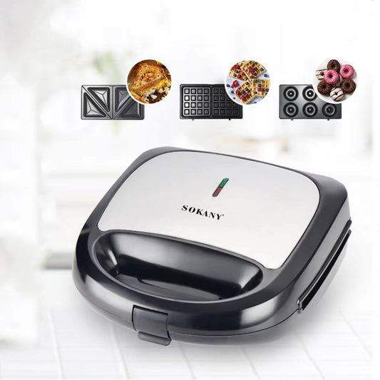 Sandwich maker 3 in 1 Sokany SK-902, 750 W, 3 placi detasabile anti-aderente, Negru/Inox