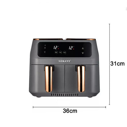 Friteuza fara ulei, Sokany SK-8030, 2 sertare de gatit, 2800W, 8L, Control Temperatura, Gri/Auriu