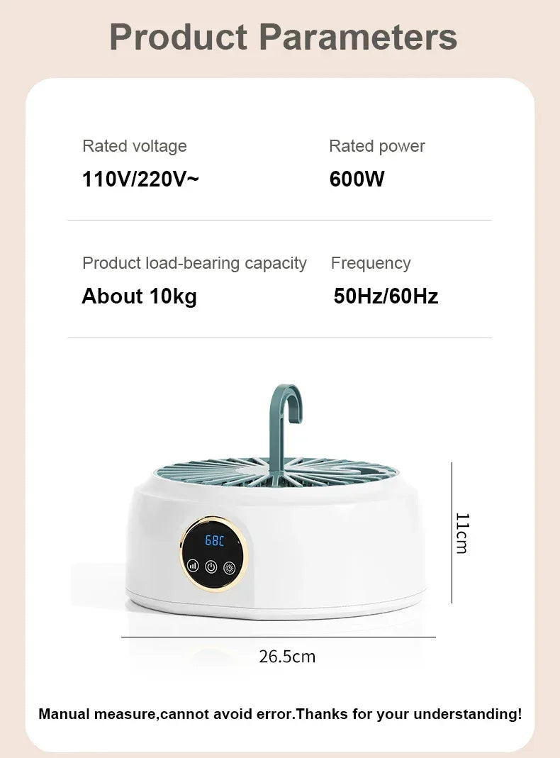 Uscător de Rufe Portabil 600W cu Timer Digital și Sac Pliabil – Ideal pentru Călătorii și Dormitor - EU