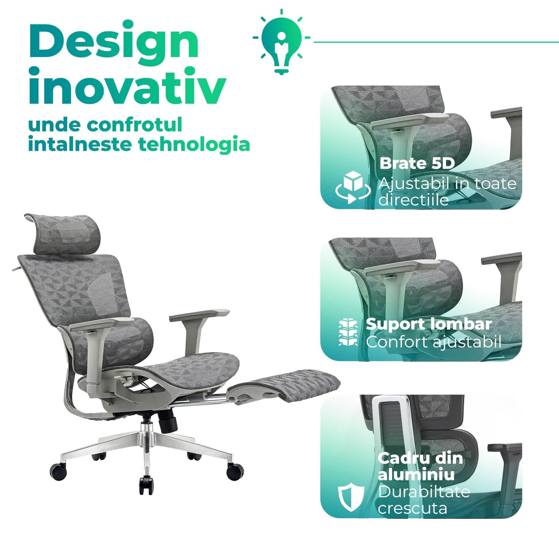 Scaun ergonomic Timebox, Reglare inaltime spatar in 6 pozitii 150°, Cotiere 5D, Plasa Mesh, Profil lombar flexibil, Spatar si Baza din aluminiu durabil, pana la 150 kg, Gri - 221.ro