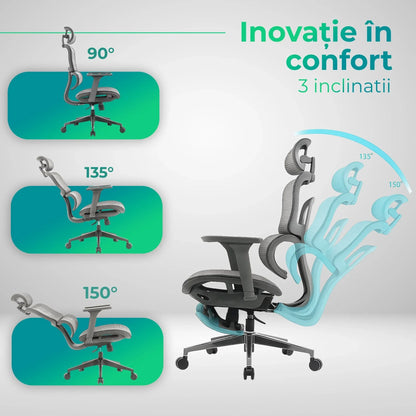 Scaun ergonomic Timebox, Reglare inaltime, spatar in 6 pozitii 150°, Cotiere 4D, Plasa Mesh, Profil lombar flexibil, Suport Picioare, Baza din aluminiu durabil, pana la 150 kg, Gri - 221.ro