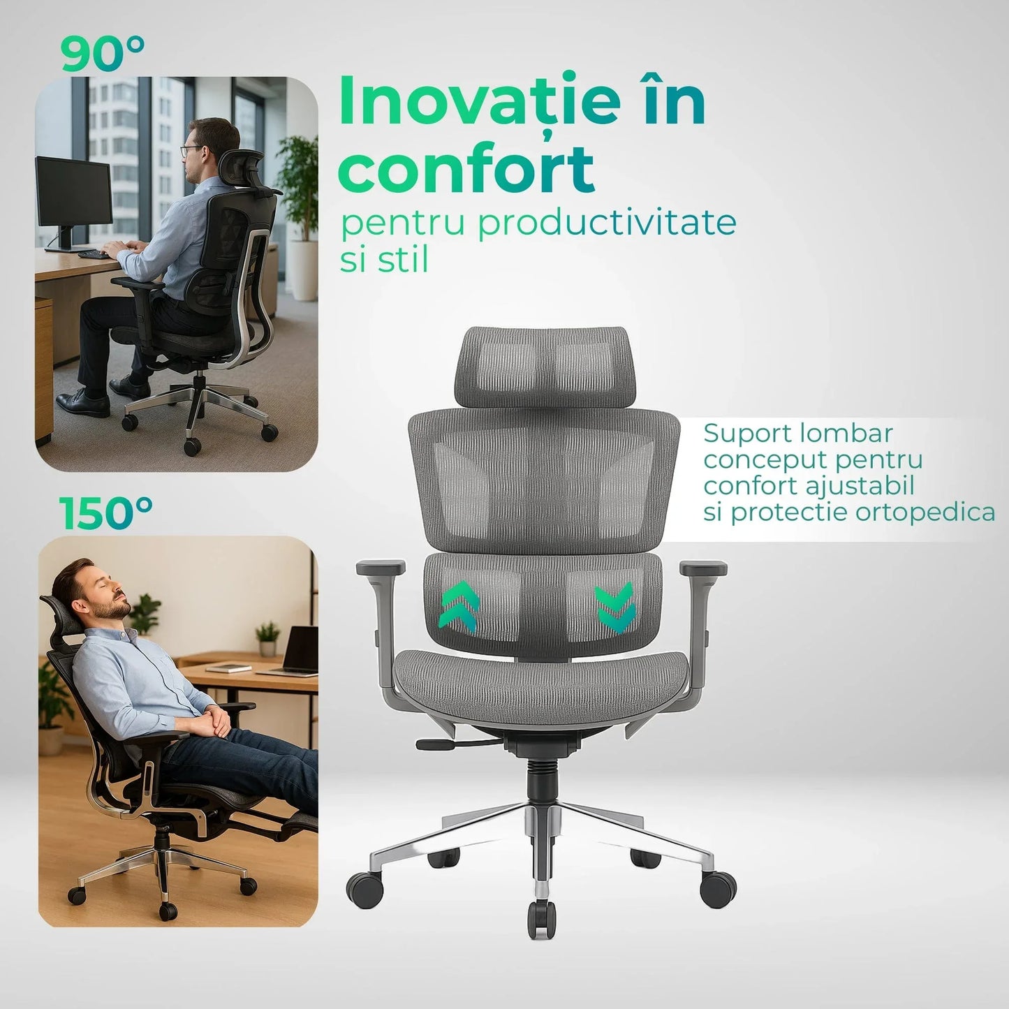 Scaun ergonomic Timebox, Reglare inaltime spatar in 6 pozitii 150°, Cotiere 5D, Plasa Mesh, Profil lombar flexibil, Spatar si Baza din aluminiu durabil, pana la 150 kg, Gri - 221.ro