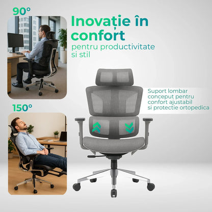 Scaun ergonomic Timebox, Reglare inaltime spatar in 6 pozitii 150°, Cotiere 5D, Plasa Mesh, Profil lombar flexibil, Spatar si Baza din aluminiu durabil, pana la 150 kg, Gri - 221.ro