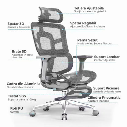Scaun ergonomic Timebox, Reglare inaltime spatar in 6 pozitii 150°, Cotiere 5D, Plasa Mesh, Profil lombar flexibil, Spatar si Baza din aluminiu durabil, pana la 150 kg, Gri - 221.ro