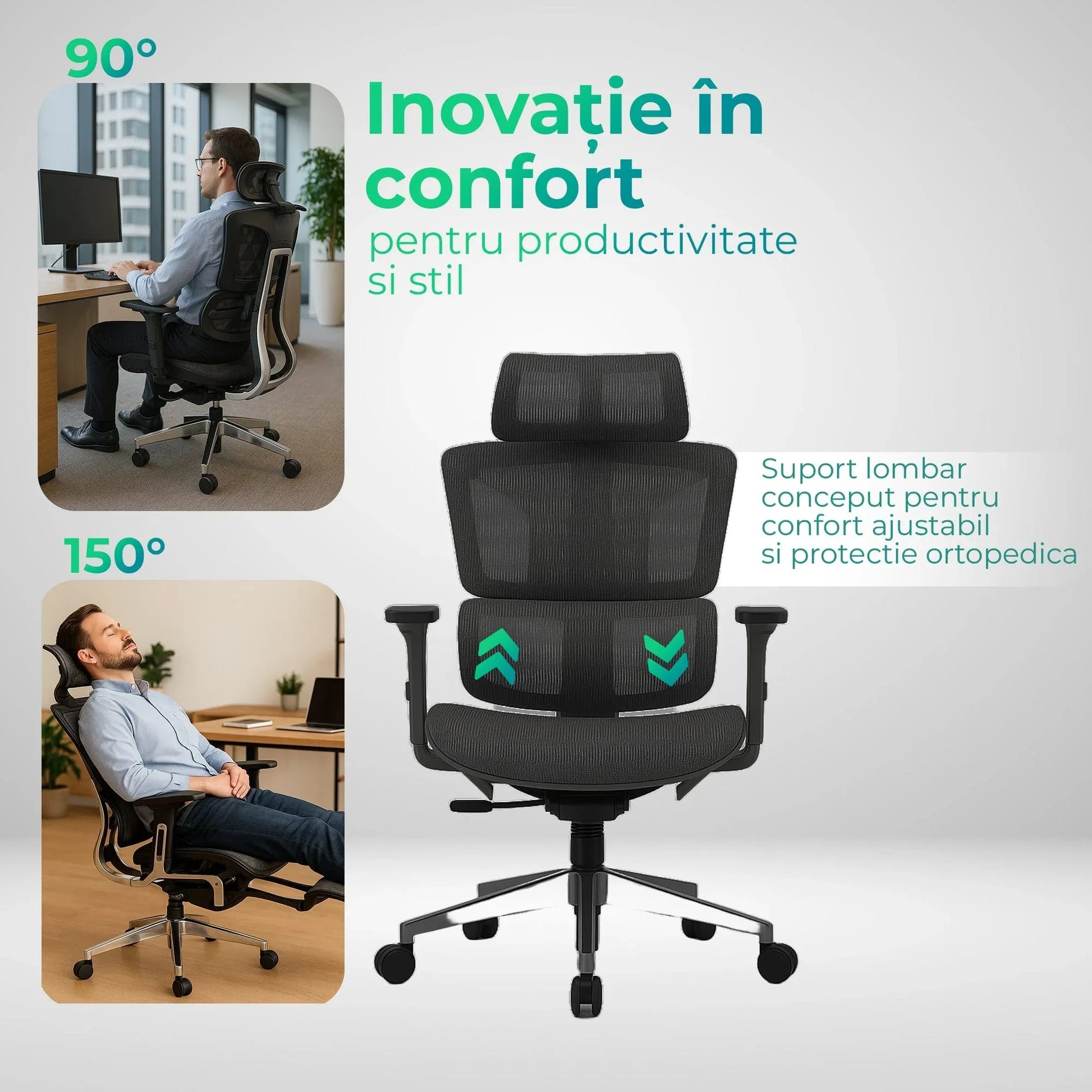 Scaun ergonomic Timebox, Reglare inaltime spatar in 6 pozitii 150°, Cotiere 5D, Plasa Mesh, Profil lombar flexibil, Spatar si Baza din aluminiu durabil, pana la 150 kg, Negru - 221.ro