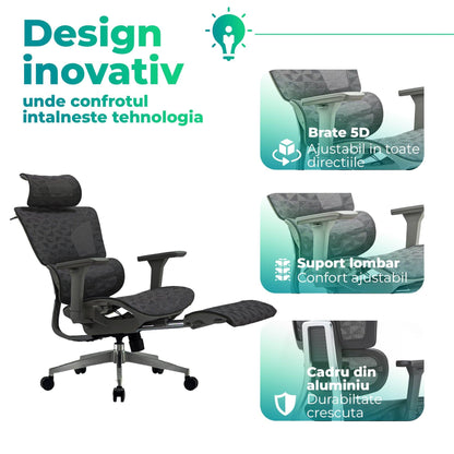 Scaun ergonomic Timebox, Reglare inaltime spatar in 6 pozitii 150°, Cotiere 5D, Plasa Mesh, Profil lombar flexibil, Spatar si Baza din aluminiu durabil, pana la 150 kg, Negru - 221.ro