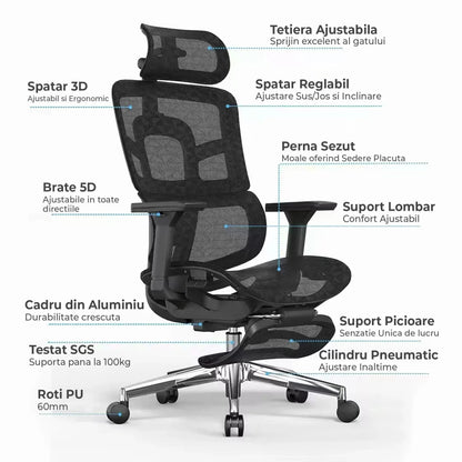Scaun ergonomic Timebox, Reglare inaltime spatar in 6 pozitii 150°, Cotiere 5D, Plasa Mesh, Profil lombar flexibil, Spatar si Baza din aluminiu durabil, pana la 150 kg, Negru - 221.ro