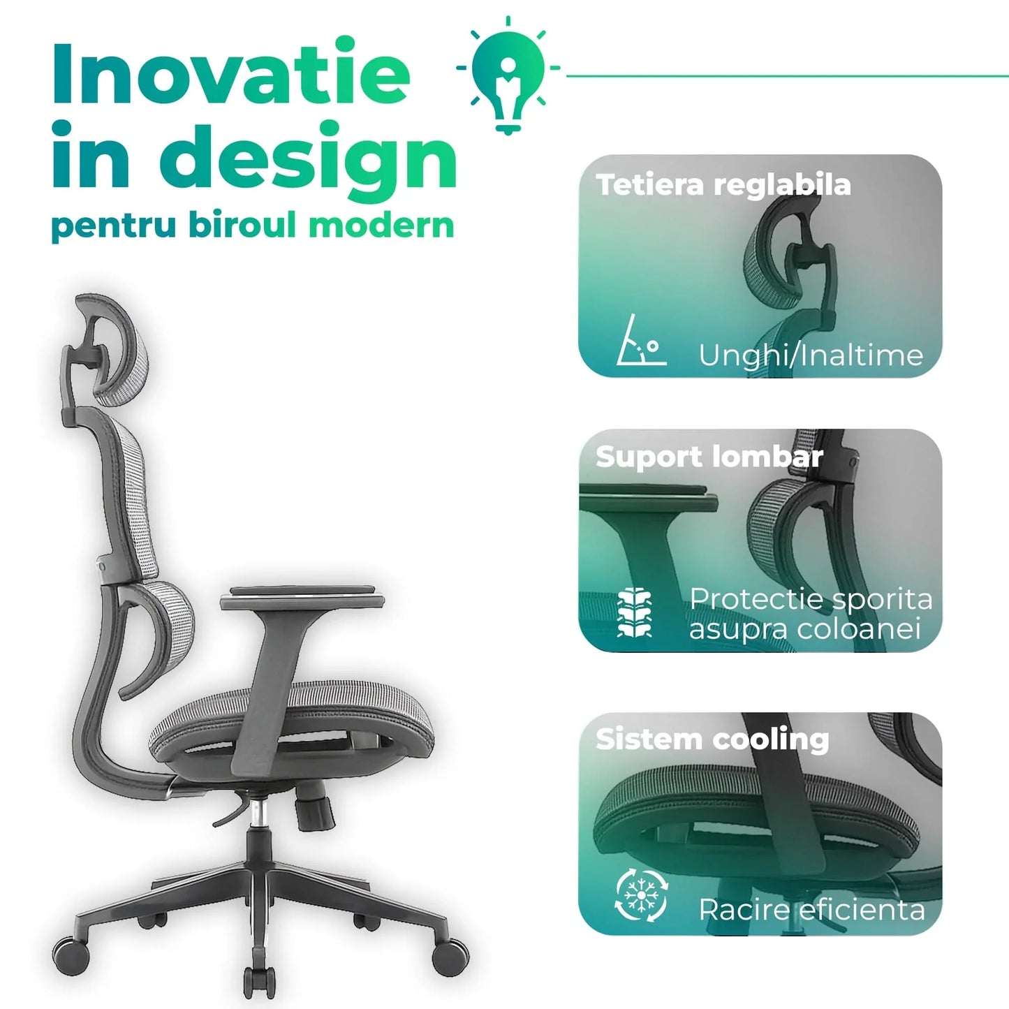 Scaun ergonomic Timebox, Reglare inaltime, spatar in 6 pozitii 150°, Cotiere 4D, Plasa Mesh, Profil lombar flexibil, Suport Picioare, Baza din aluminiu durabil, pana la 150 kg, Gri - 221.ro